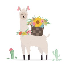 Cute llama with decorative elements, flower wreath and basket. Vector illustration for cards, invitations, print, apparel, nursery decoration.