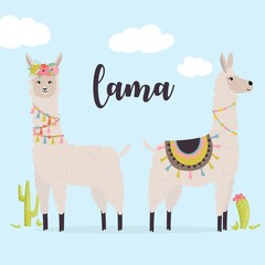 Cute llama card design with decorative elements and cacti. Vector illustration for cards, invitations, print, apparel, nursery decoration.