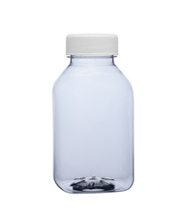 Empty transparent plastic bottle for medicines or water. Isolated on a white background, closed with a plastic lid