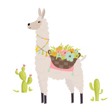 Cute llama with decorative elements, flower basket and cactus. Vector illustration for cards, invitations, print, apparel, nursery decoration.