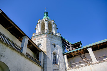 Scenic view of old Spasso-Yakovlevsky Monastery (Monastery of St. Jacob Saviour) in Rostov Veliky in Yaroslavl Oblast in Russian Federation. Beautiful summer sunny look of orthodox temple