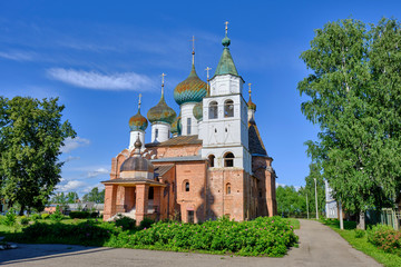 Scenic view of old cathedral in center of monastery in Rostov Veliky in Yaroslavl Oblast in Russian Federation. Beautiful summer sunny look of old orthodox temple