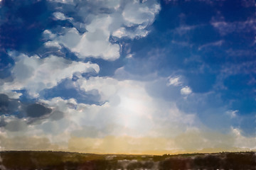 watercolor illustration: Dramatic sky with pale yeellow and brown colors under bright blue sky