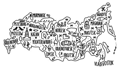 Hand drawn doodle Russia map. Russian city names lettering and cartoon landmarks, tourist attractions cliparts. travel, banner concept design. Moscow, Magadan, rocket.