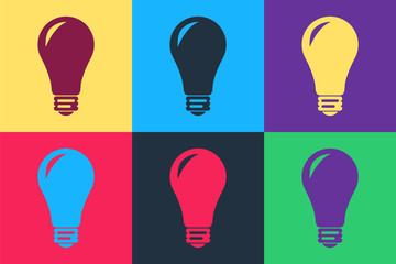 Pop art Light bulb icon isolated on color background. Energy and idea symbol. Lamp electric. Vector.