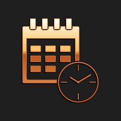 Gold Calendar and clock icon isolated on black background. Schedule, appointment, organizer, timesheet, time management, important date. Long shadow style. Vector.