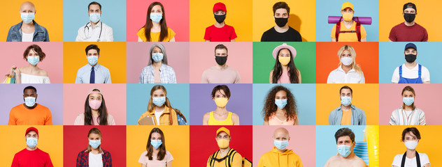 Photo set collage of multiethnic people group wearing sterile face masks to safe from coronavirus...