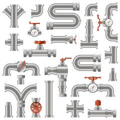 Pipeline construction. Water pipe sections, industrial tube pipes engineering, pipe construction with rotary knobs and counters vector icons set. Illustration tube construction, pipeline plumbing