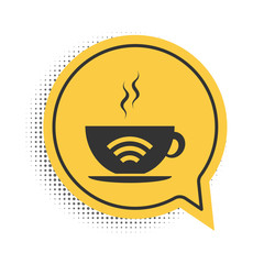 Black Cup of coffee shop with free wifi zone icon isolated on white background. Internet connection placard. Yellow speech bubble symbol. Vector.