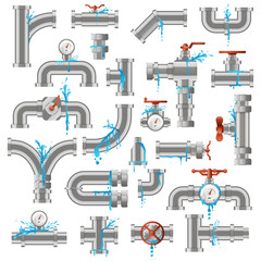 Water pipe leak. Broken damaged metal pipes, pipe leaky crack, industry metal tube pipes damage vector illustration icons set. Pipeline supply, leaking piping, damaged and leakage