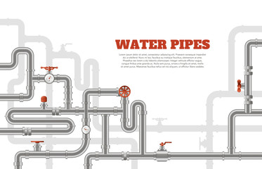 Water pipes background. Metal pipelines construction banner, industrial tube pipes template, steel pipes engineering system vector illustration. Canalization drainage system, equipment technical