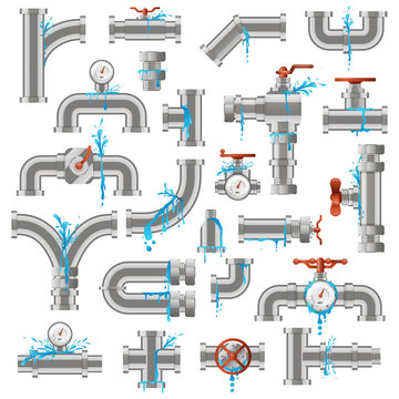 Water pipe leak. Broken damaged metal pipes, pipe leaky crack, industry metal tube pipes damage vector illustration icons set. Pipeline supply, leaking piping, damaged and leakage