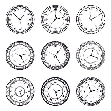 Ancient watch face. Vintage antique watches, antic 12 hours round clock, roman numerals timer clock vector illustration symbols set. Time watch wall with roman numbers