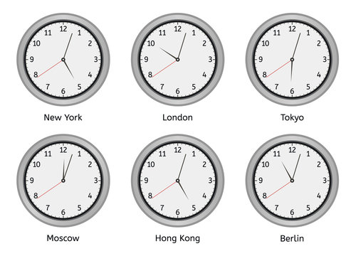 Time zone clocks. Modern wall round clock face, time zones day and night clock, world big cities time difference vector illustration set. Clock wall zone, hotel time berlin, hong kong and moscow