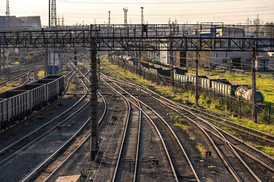 Railroad tracks of the station with wagons.