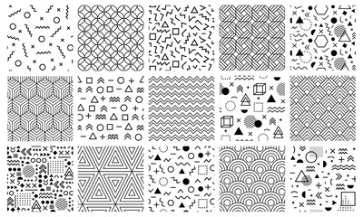Memphis geometric patterns. Seamless 80s abstract maze patterns, 90s style memphis pattern, geometric doodle vector background illustration set. Geometric memphis seamless trendy pattern