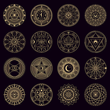 Mystery spell circle. Golden mystical alchemy witchcraft circular emblems, occult geometry signs, circle magical vector illustration icons set. Spiritual mystical ornament, astrology and witchcraft