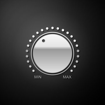 Silver Dial Knob Level Technology Settings Icon Isolated On Black Background. Volume Button, Sound Control, Music Knob With Scale, Analog Regulator. Long Shadow Style. Vector.