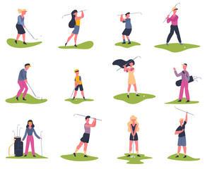 Fototapeta na wymiar Golf players. People playing golf, golfers striking ball, outside summer activity, golf characters vector illustration set. Game golf and sport man player