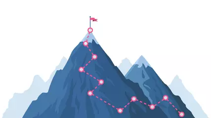 Foto auf Alu-Dibond Mountain progression path. Climbing progress route, mountain peak overcoming, mountain climbing path with red flag on top vector illustration. Way path infographic, progress way to peak © WinWin