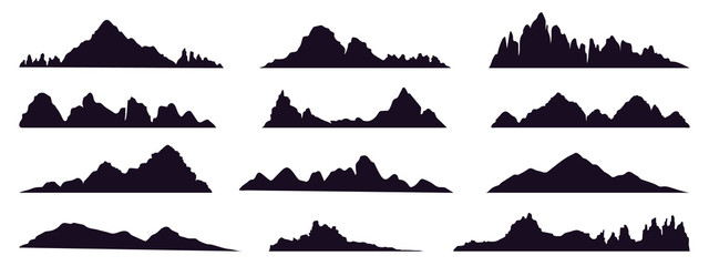 Mountains silhouette. Mountain peak, hills tops, berg and mountain valley silhouette, Tibet or Alps mountains sketch vector illustration set. Mountain hill silhouette, landscape nature terrain