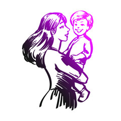 Mother and baby. Beautiful woman with long hair, holding cute little child. Hand drawn stock vector illustration sketch isolated on white background