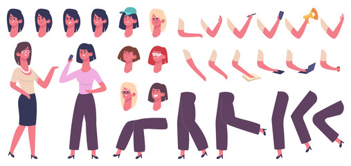 Female cartoon character. Woman body constructor, girl with clothes, hairstyle, hand gestures and facial emotions vector illustration icons set. Constructor female and male, woman girl generator pose