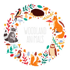 Autumn animals wreath. Cute cartoon autumn animals, leaves and mushrooms, woodland birds and animals wreath vector illustration icons set. Childish woodland animal, wildlife raccoon and hedgehog