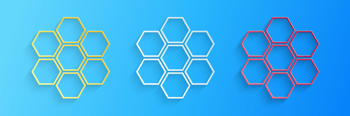 Paper cut Honeycomb sign icon isolated on blue background. Honey cells symbol. Sweet natural food. Paper art style. Vector.