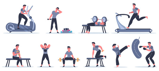 Men at sport gym. Male fitness character run, pull up, work with punching bag, sport character exercise at sport gym vector illustration set. Male training in sportswear, healthy lifestyle