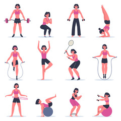 Girl exercising. Young woman fitness exercising, squats, practice yoga and tennis, girl at sport gym or training at home vector illustration set. Exercise fitness young people girls collection