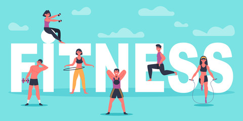 Fototapeta na wymiar Fitness characters. Young people exercising near big fitness letters, training man and woman, sport workout concept vector illustration. Fitness workout active, healthy sport gym, body exercise