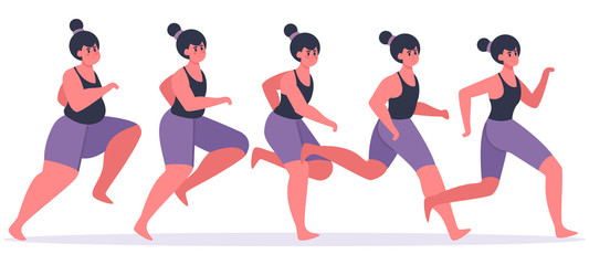 Girl losing weight. Running woman in process of weight loss, female character jogging and get in shape, losing weight stages vector illustration. Girl fitness slim, woman jogging and training