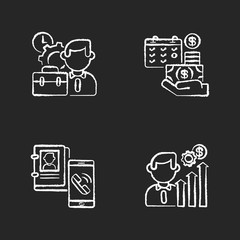 Professional occupation chalk white icons set on black background. Working conditions, career promotion opportunities, salary payment and contact info. Isolated vector chalkboard illustrations