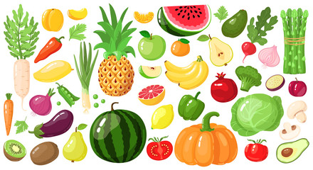 Cartoon fruits and vegetables. Vegan lifestyle food, organic nutrition vegetable and fruit, avocado, asparagus and mango vector illustration set. Watermelon and pineapple, apple and banana, kiwi fruit
