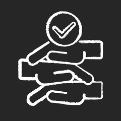 Friendly team chalk white icon on black background. Professional team building, company personnel unity. Community togetherness, teamwork. Hands stack isolated vector chalkboard illustration