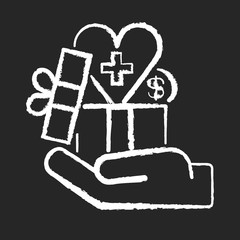 Corporate benefits chalk white icon on black background. Financial and health insurance for workers. Taking care about employees. Employment advantages. Isolated vector chalkboard illustration