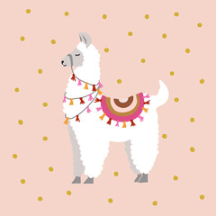 Cute llama doodle on the pink background with golden dots pattern. Peruvian alpaca vector illustration. Print design for baby girl product.