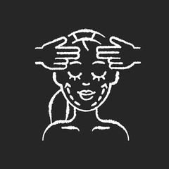 Face fitness chalk white icon on black background. Facial and chin exercises. Face yoga. Professional skin care. Anti aging strengthening face exercises. Isolated vector chalkboard illustration