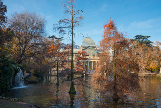 Scenic landscape with the Crystal Palace in Retiro park, Madrid, Spain. - Powered by Adobe