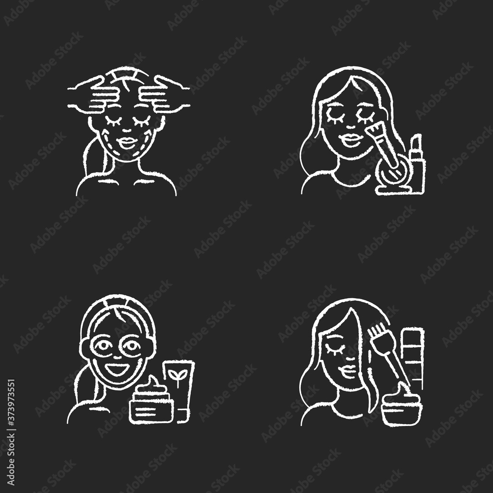 Sticker Women beauty procedures chalk white icons set on black background. Facial and chin exercises. Skincare routine products. Face cosmetics. Makeup. Face yoga. Isolated vector chalkboard illustrations