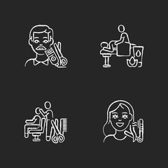 Hair and body care chalk white icons set on black background. Men haircutting. Women hairstyling. Massage therapy. Wellness studio. Hairdresser service. Isolated vector chalkboard illustrations