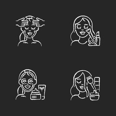Women beauty procedures chalk white icons set on black background. Facial and chin exercises. Skincare routine products. Face cosmetics. Makeup. Face yoga. Isolated vector chalkboard illustrations