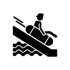 Sliding on swim circle black glyph icon. Water park attraction silhouette symbol on white space. Active summer recreation, aqua park entertainment. Tourist on waterslide vector isolated illustration