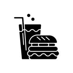 Fast food black glyph icon. Special eating area in water park silhouette symbol on white space. Aquapark recreation rule, takeout service. Fizzy drink and hamburger vector isolated illustration