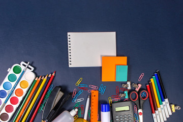 School items on the blue table. Back to school.