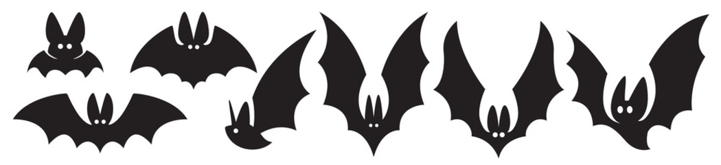 Bat silhouettes set. For Halloween design. Simple black and white objects isolated on white background