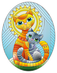Illustration in stained glass style with a bright  cat and kitten on the background of an abstract geometric sky and sun, oval image