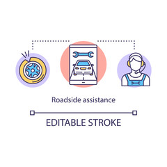 Roadside assistance concept icon. Mechanical failure help idea thin line illustration. Vehicle insurance company service. Breakdown coverage. Vector isolated outline RGB color drawing. Editable stroke