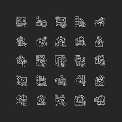 Building and repair house chalk white icons set on black background. Gas pipework. Counter installation. Pool construction. Garage building. Home decor. Isolated vector chalkboard illustrations